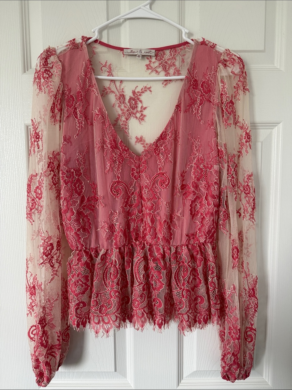 Pink Floral Embroidered Sheer Peplum Blouse